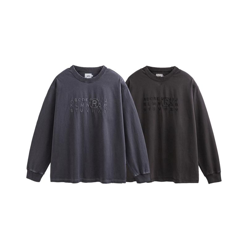 Tシャツ 男性用 長袖 トップス 綿 刺・墸 ラウンドネック プルオーバー ブラック カットソー カジュアルスタイル