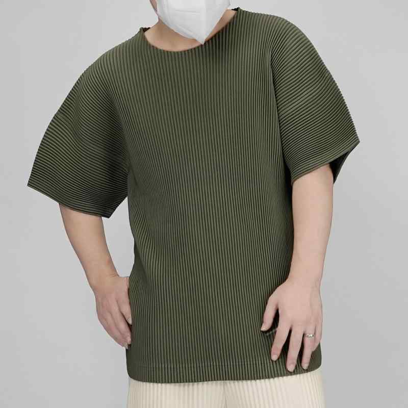 Tシャツ メンズ 男性用 トップス プリーツ加工 無地 長袖 カットソー ゆったりシルエット ラウンドネック 普段使い カジュアルスタイル 接触冷感 グレー 米黄 ブルーグリーン カーキ