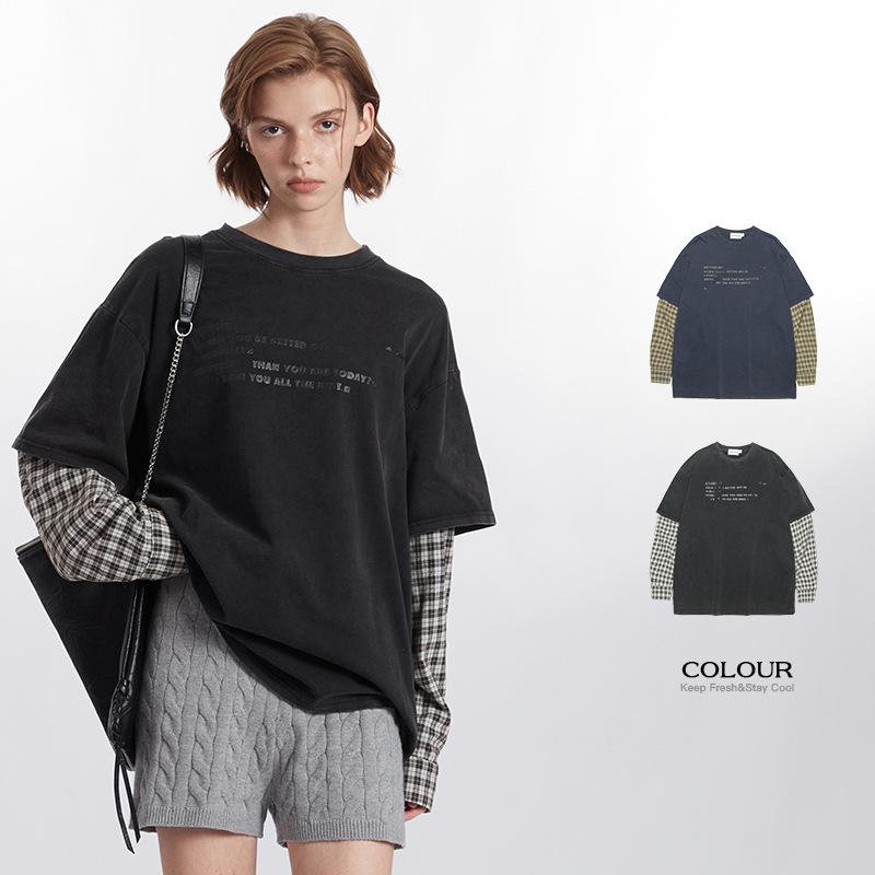 Tシャツ 男性用 長袖 レトロ風 アルファベット柄 プリント 切り替え 配色 コットン トップス 普段使い 宝藍色 ブラック