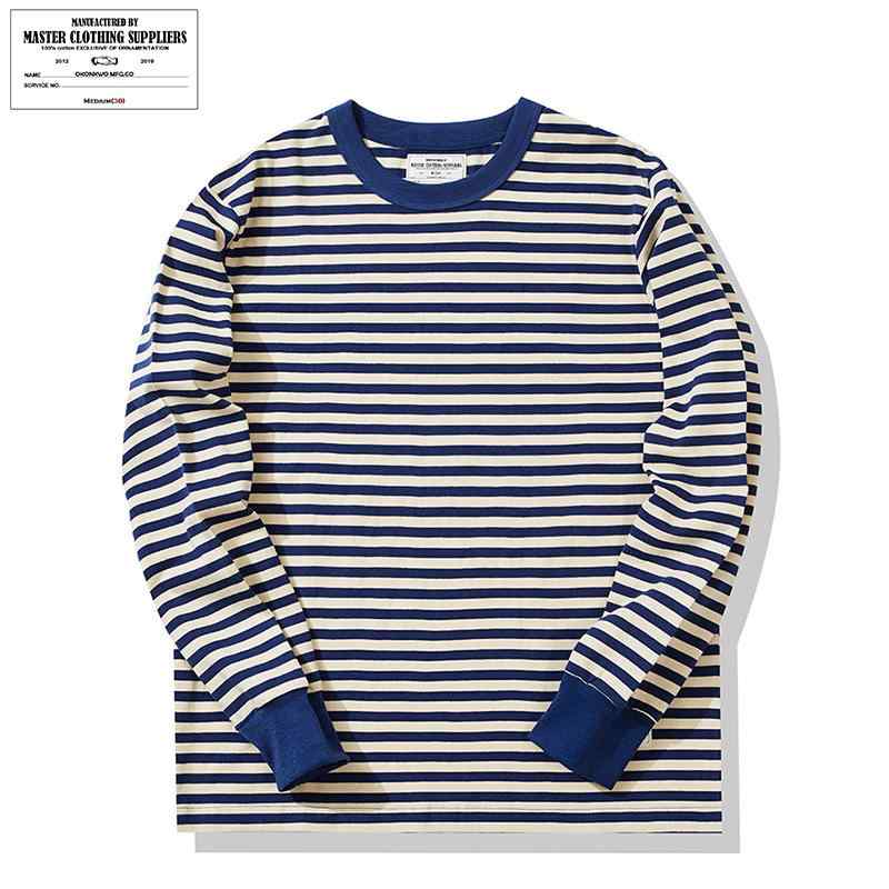 Tシャツ メンズ 男性用 280g ヘビーウェイト コットン 長袖 ボーダー アメカジスタイル カットソー トップス 青少年 藍色系(x5)