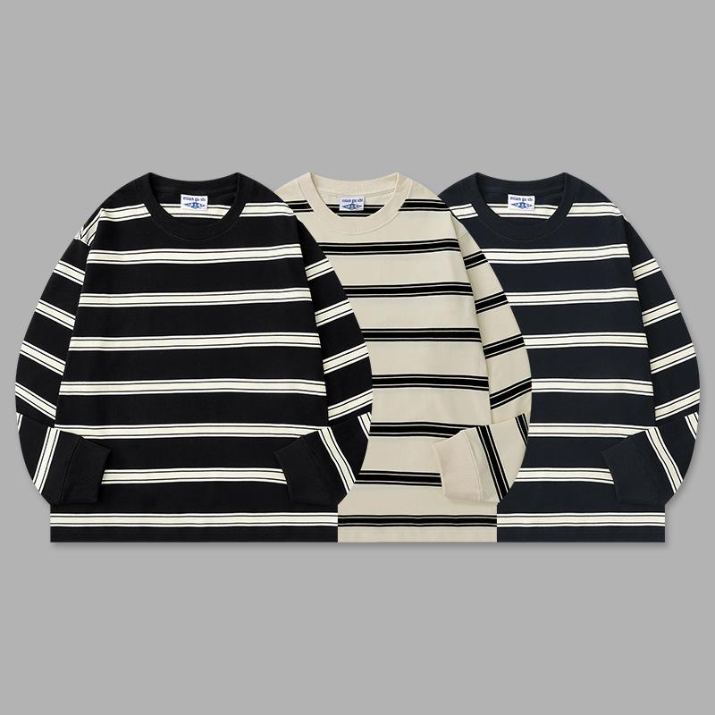 Tシャツ メンズ ラウンドネック 海魂ボーダー ヘビーウェイトコットン 厚手 長袖トップス ルーズフィット ストリートスタイル 春秋 黒ストライプ 宝青ストライプ オフホワイトストライプ