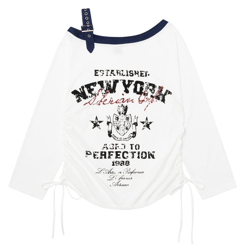 Tシャツ メンズ 男性用 ストリート クルーネック コットン混紡 アルファベット柄 プリント カットソー ドロップショルダー 長袖 白 カジュアルスタイル