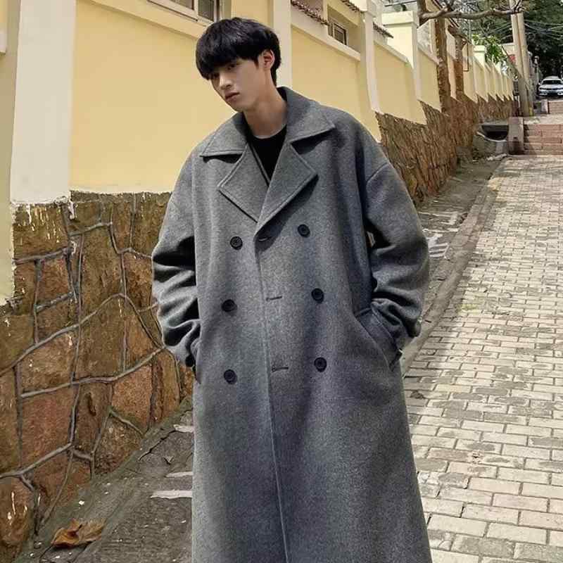 コート メンズ 男性用 ウール ミドル丈 ロング丈 秋冬 厚手 韓国 スリムフィット ビジネス 紳士服 グレー ブラック