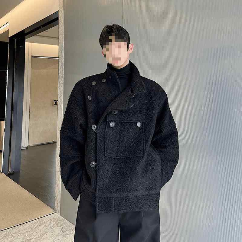 厚地の外套 メンズ 成人男性用 秋冬 加厚 羊毛 ゆったり ピーコート 成人男性服 商行為 心地好い 黒いこと 黒 ベージュ  襟付き添い人