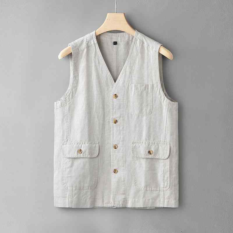 ベスト 男性用 麻混 ゆったり Vネック ノースリーブ トップス カジュアル 日系 アースカラー M L XL 2XL 3XL 春秋