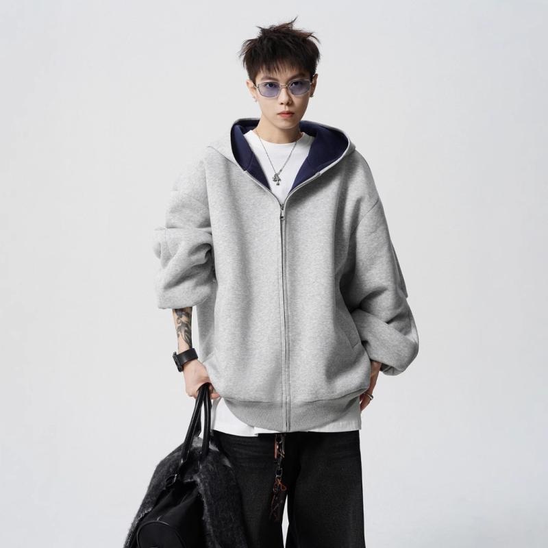 パーカー メンズ 男性用 スウェット ジップアップ 厚手 ビッグシルエット 配色 切り替え リブ袖 カンガルーポケット ストリート スポーティ 秋冬