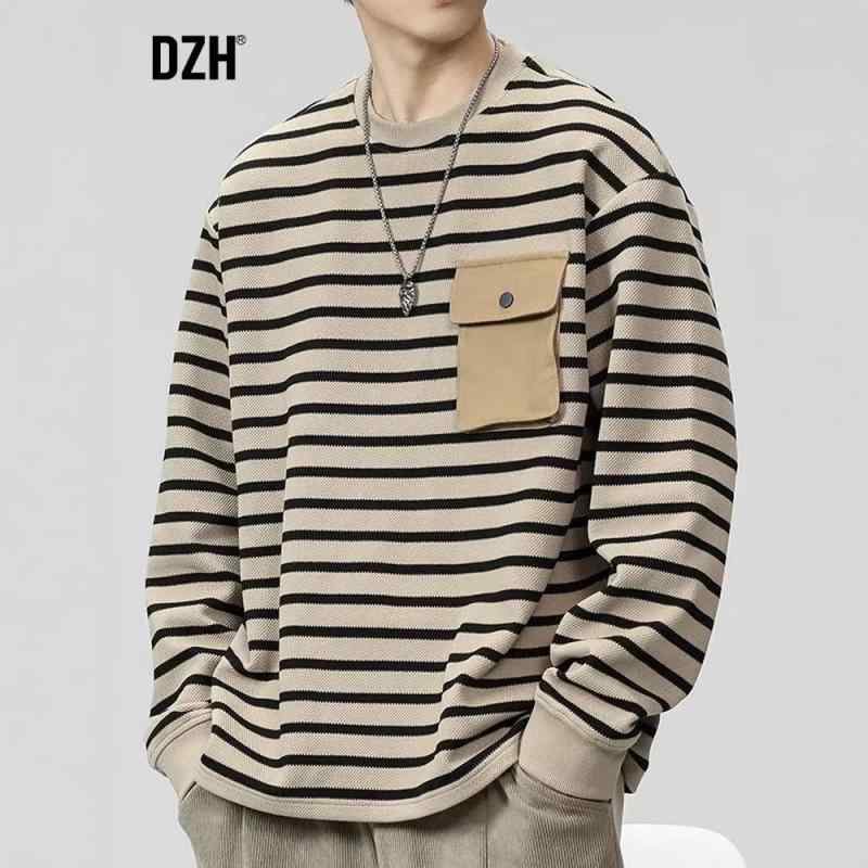 Tシャツ メンズ 秋冬 長袖 トップス ストライプ プルオーバー ラウンドネック スウェット トレーナー カットソー ポケット付き ポリエステル カーキ