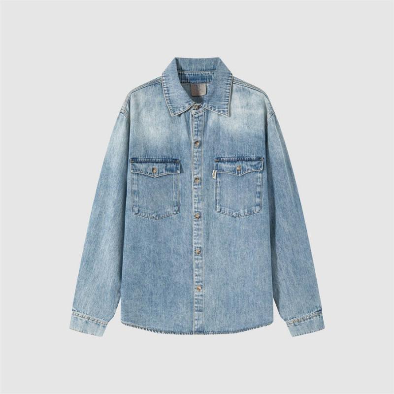 シャツ メンズ 男性用 デニム ウォッシュ加工 長袖 トップス カットオフ 切りっぱなし 襟付き コットン 綿 ゆったり ルーズフィット 青 ブルー