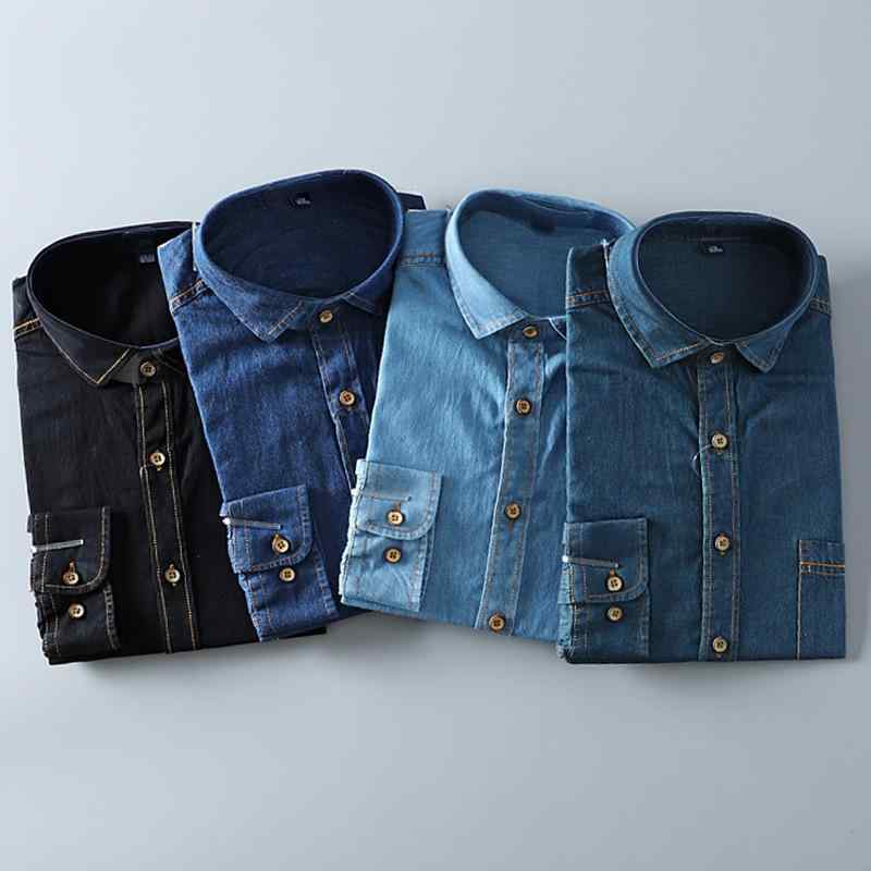 シャツ メンズ 男性用 デニム アメリカンカジュアル 長袖 コットン トップス S M L XL 2XL 3XL 4XL ブラック 黒 深い青 ライトブルー 蛍光グリーン 春秋