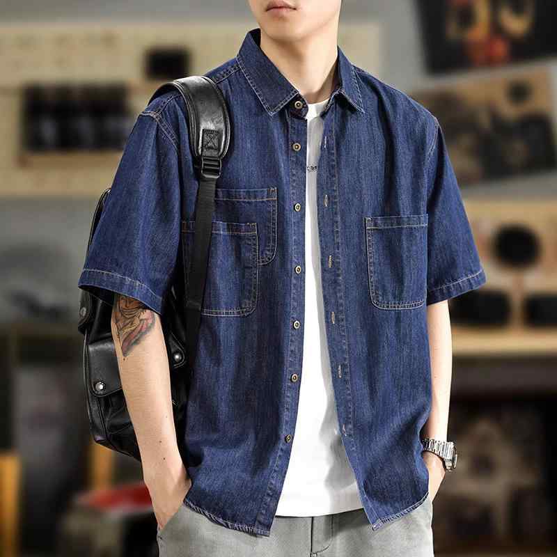 シャツ メンズ デニム 半袖 ルーズフィット 翻 collar トップス 大きいサイズ 薄手 コットン 開襟 ポケット付き ライトブルー ダークブルー