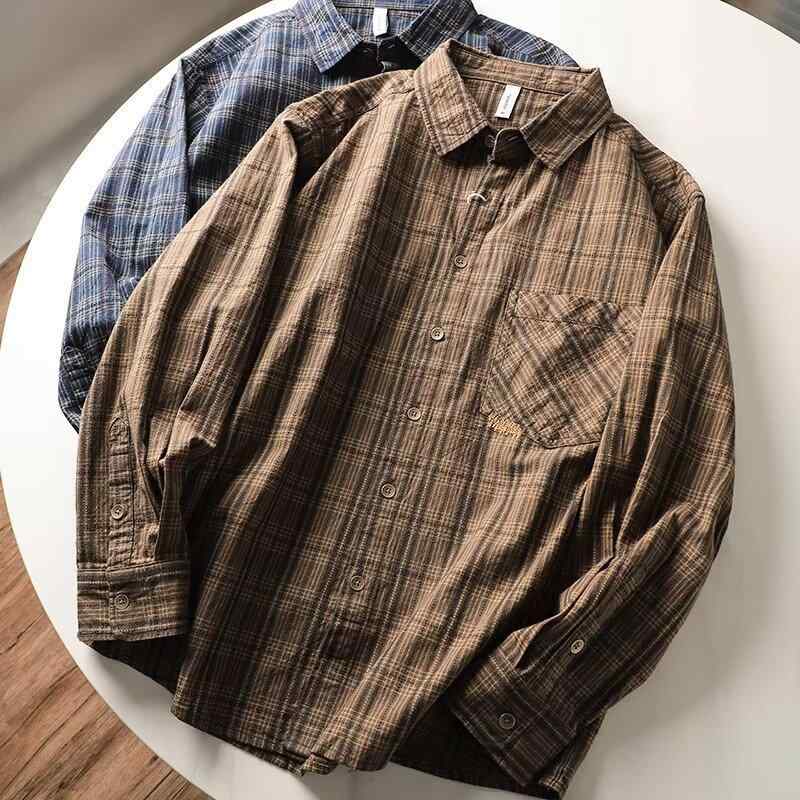 シャツ メンズ アメリカン レトロ ウォッシュ加工 デニム 長袖 ストライプ トップス 普段使い 春秋 流行 カジュアル 蔵青 カーキ 4,230円