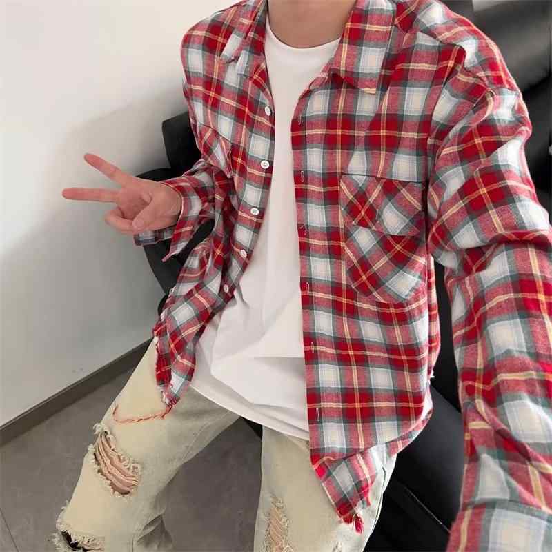 シャツ メンズ アメリカンレトロ 格子柄 長袖シャツ ゆったり 普段使い リラックス ウェア 赤 棕色 ポリエステル