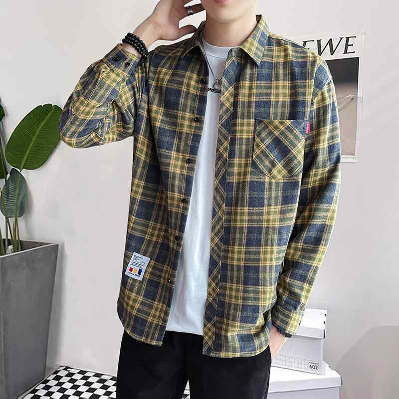 シャツ メンズ 男性用 長袖 カジュアル トップス 格子柄 コットン 春秋服 配色 日常着(x2)