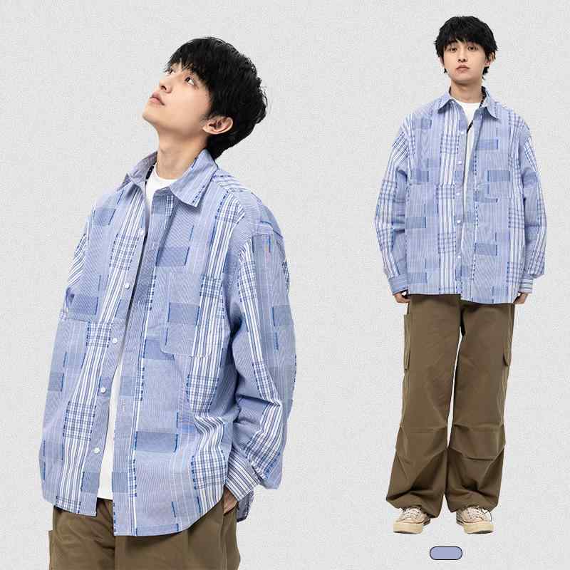 シャツ メンズ 長袖 格子柄 ネルシャツ 普段使い 春 スプリング ポリエステルコットン混紡 若者 ブルー 青
