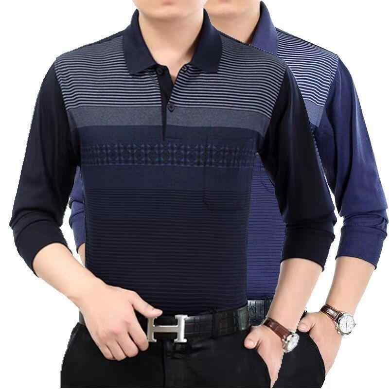 Tシャツ メンズ 男性用 長袖 薄手 接触冷感 襟付き ストライプ柄 春夏 秋 普段使い 部屋着(x12)