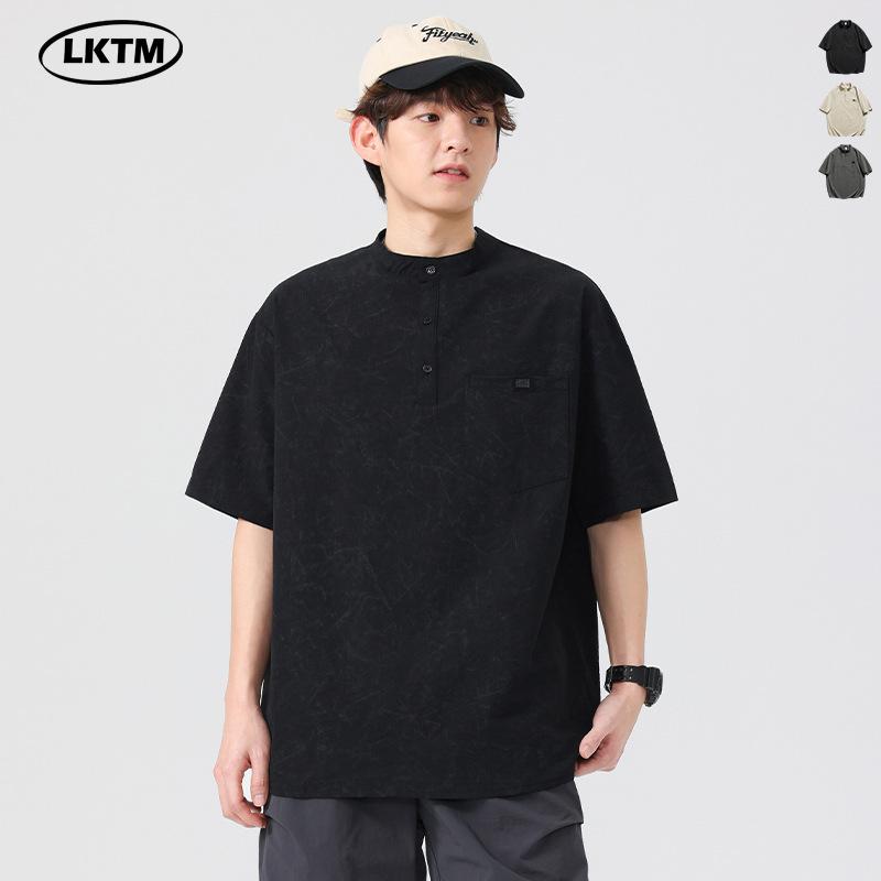 Tシャツ メンズ 男性用 ヘンリーネック 半袖 ポリエステル 薄手 軽量 リラックス 部屋着 カジュアル ブラック グレー ベージュ