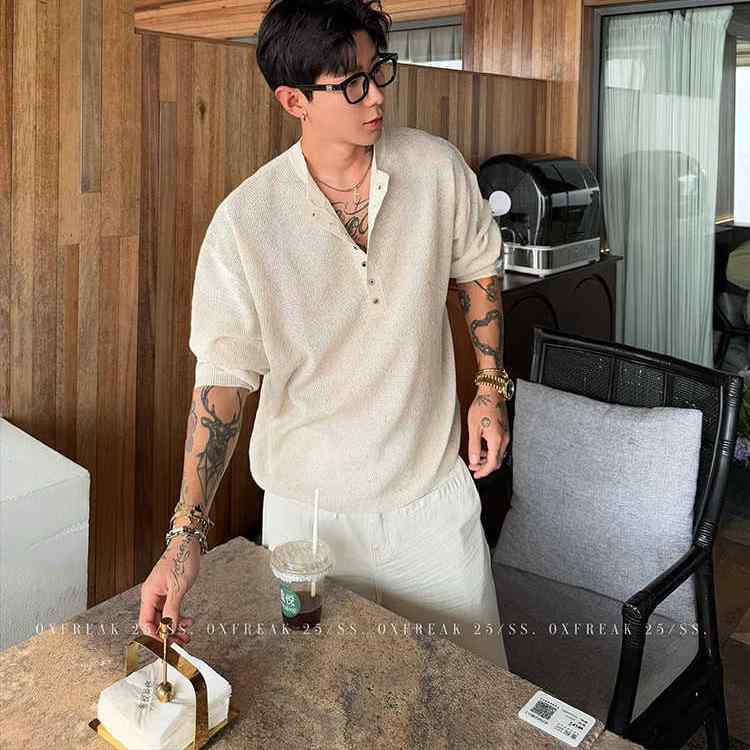 Tシャツ メンズ 天竺亜麻混紡 ヘンリーネック 長袖 接触冷感 薄手 5分袖/中袖 プルオーバー リラックスフィット ゆったり カジュアル 春秋 白 深グレー オートミール