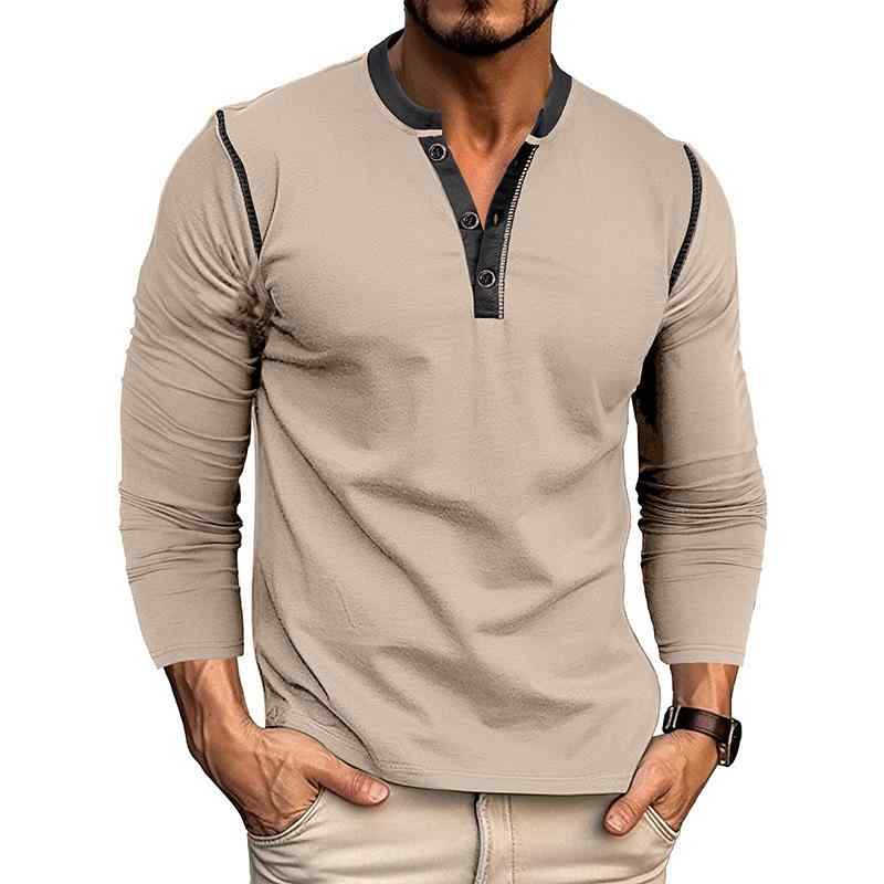 Tシャツ メンズ 長袖 ヘンリーネック プルオーバー コットン ブレンド 切り替え 無地 スタンダードスタイル 普段使い カジュアル ウェア カーキ ダークグレー 紺色 アーミーグリーン ブルー 白 黒 ワインレッド(x2)