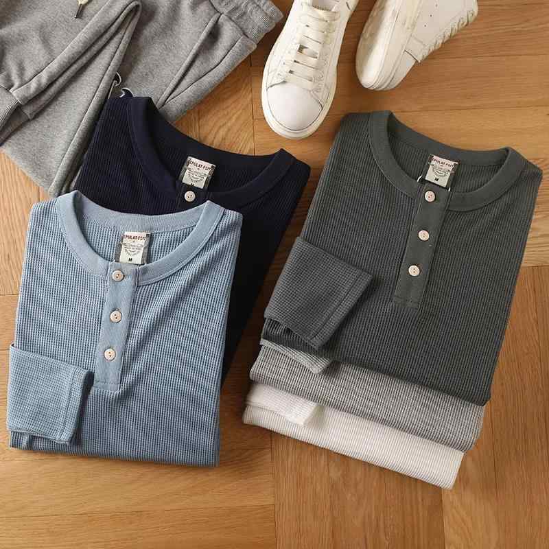 Tシャツ メンズ 男性用 ウォッシュドコットン ワッフル ヘンリーネック 長袖 Tシャツ スリムフィット カットソー トップス 四季 普段使い リラックス ウェア