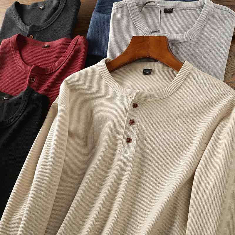 Tシャツ メンズ 男性用 ワッフル ヘンリーネック 無地 リラックス ニット プルオーバー カットソー 長袖 浅グレー カーキ 黒 紺色 赤 深グレー
