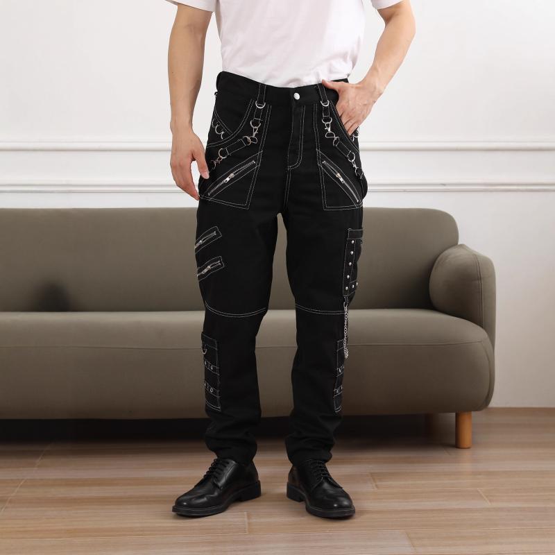 カジュアルパンツ 男性用 ゴシック ズボン パンク ロック ハーレムパンツ バンデージ デニム ブラック 無地 綿 ウエストベルト付き ダンス