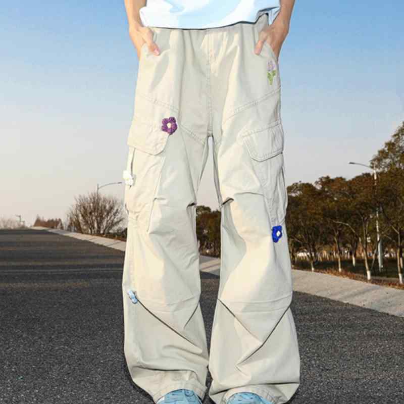 カーゴパンツ メンズ ワークパンツ 春夏 コットン 刺繍 ゆったり ストレート ワイドレッグ ミリタリーパンツ 杏色 グリーン ブラック カーキ