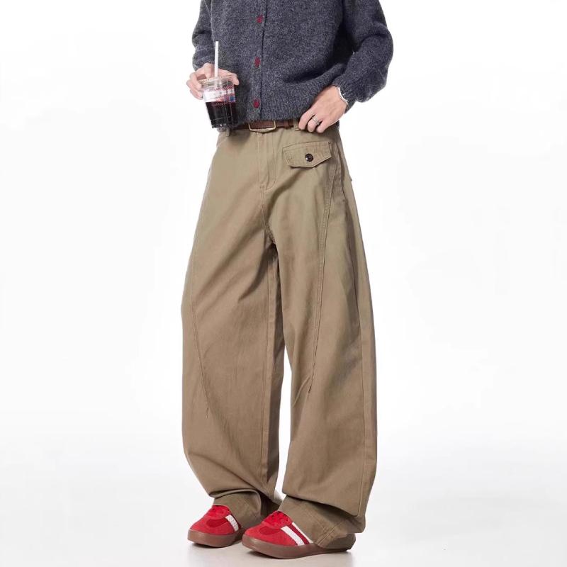 カジュアルパンツ 男性用 レトロ カーキ ストレート ワークパンツ ズボン ボトムス ゆったりめ ポリエステル混紡 春秋