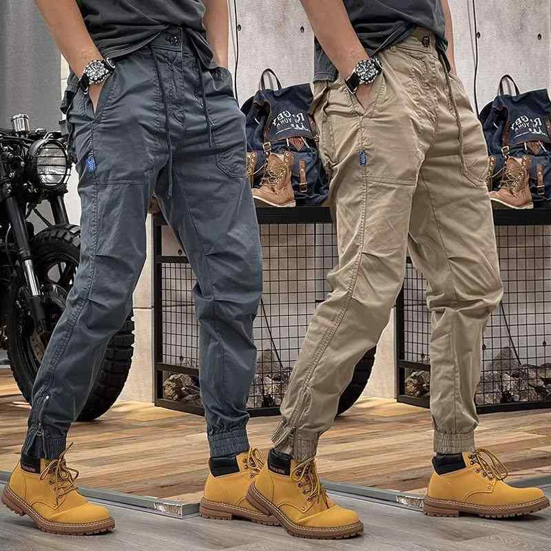 カーゴパンツ メンズ 美式レトロ ワークパンツ ゴムウエスト ファスナー付き 裾絞り ロングパンツ 無地 普段使い 春秋 ポリエステル混紡 ブラック グレー カーキ