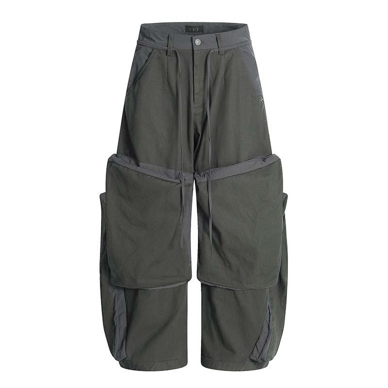 カーゴパンツ メンズ ヴィンテージ風 ルーズ ワイドレッグ ワークパンツ ハイウエスト コットン ブラック 黒 深グレー 普段使い カジュアル