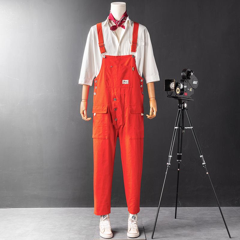 オーバーオール メンズ ルーズ カーゴパンツ ワイドレッグ サロペット ワークパンツ ストレート ミリタリー ブラック レッド オレンジ ピンク イエロー グリーン カーキ ブルー パープル ブラウン ポリエステル 無地 オールシーズン
