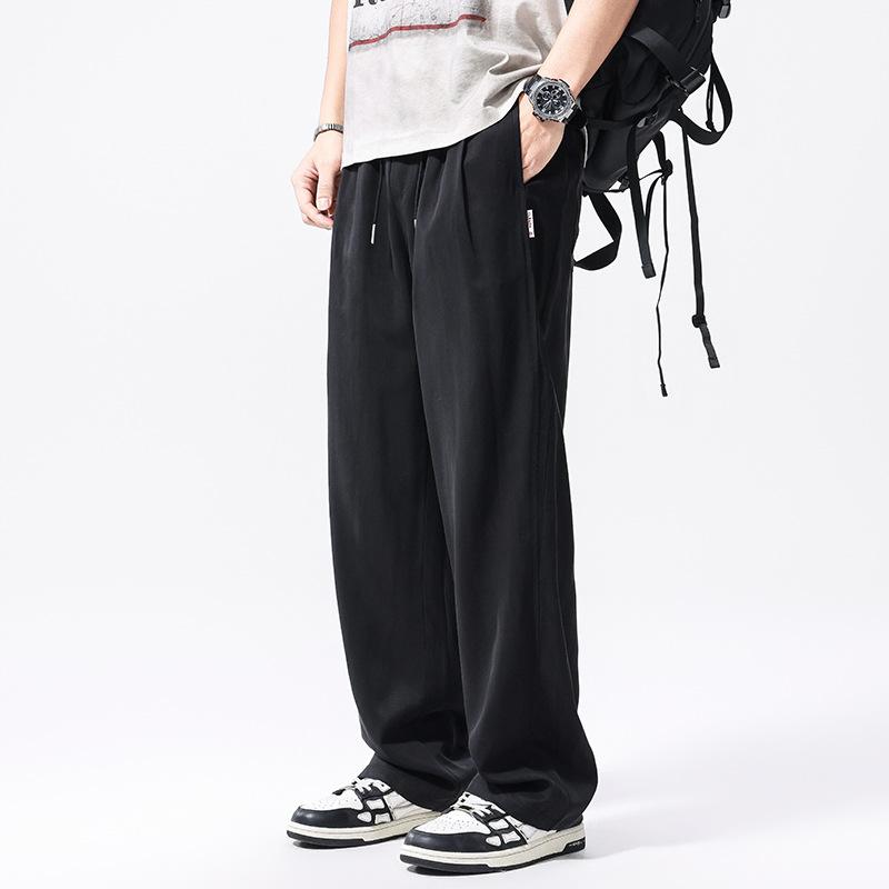 カジュアルパンツ メンズ 男性用 リヨセル 麻 ストライプ柄 薄手 ルーズフィット ストレートパンツ ロングパンツ 黒 カーキ 中腰 伸縮性
