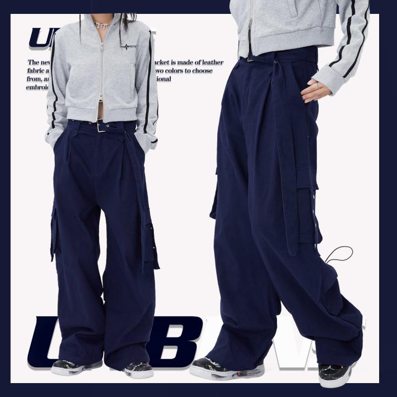 ワークパンツ 男女兼用 美式 高見え ワイドレッグパンツ ストレートパンツ メンズ レディース 綿 高腰 春秋 黒 紺