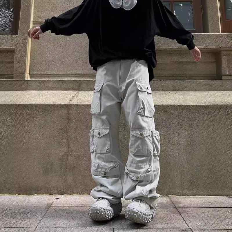 パンツ 男性用 カーゴパンツ ワイド ゆったり ストレート ミリタリー カーキ ホワイト ブラック 春秋