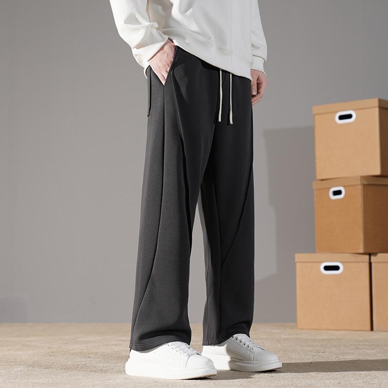 パンツ メンズ 男性用 ズボン コットン混紡 ストレート ゆるめ ウエストゴム 厚手 無地 黒 ブラック グレー カーキ 普段使い