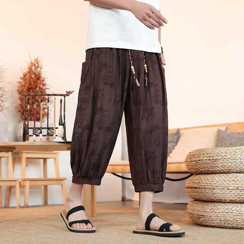 パンツ メンズ 8分丈パンツ 接触冷感 涼しい イージーパンツ リラックスパンツ ルームウェア 部屋着 ゆったり ストレート 中国風 竹柄 快適 紳士 男性用 普段使い 薄手 ポリエステル 黒 ブラック 茶色 ブラウン コーヒー色