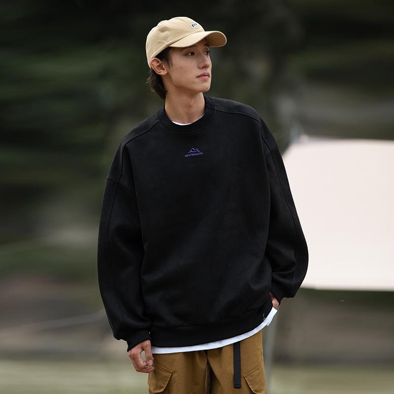 スウェット メンズ 山系 裏起毛 レトロ プルオーバー ポリエステル混紡 ゆったり 厚手 無地 刺繍 クルーネック トレーナー 秋冬 ブラック 黒 グレー グレー グリーン 緑 カーキ