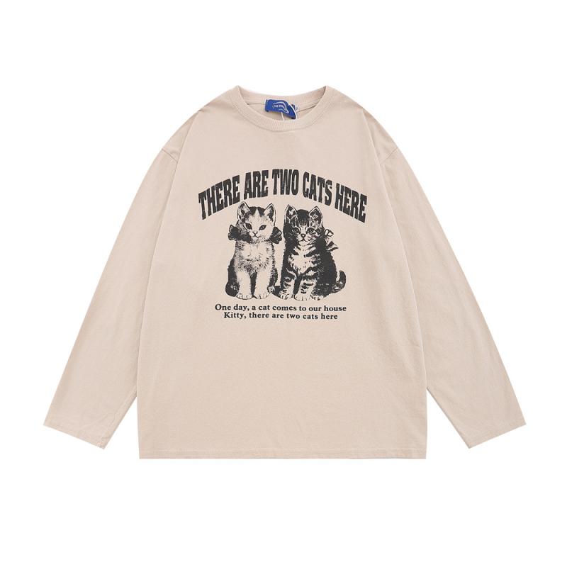 スウェット メンズ アニマル 猫 プリント トップス ラウンドネック 長袖 Tシャツ ストリート カジュアル ウェア コットン 春秋 黒 杏色