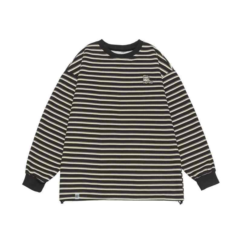 Tシャツ メンズ 長袖 ストライプ クルーネック プルオーバー プリント ポリエステル ゆったり ブラック カジュアル 春秋