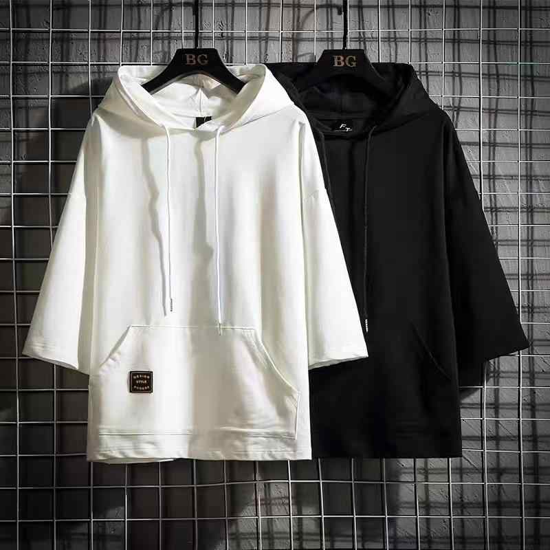 Tシャツ メンズ 男性用 春夏 七分袖 パーカー 大きいサイズ ゆったりサイズ コットン ポリエステル ブラック ホワイト グレー ネイビー(x2)
