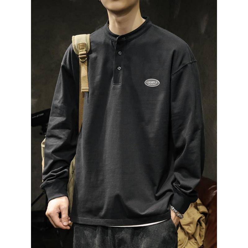 Tシャツ メンズ ヘンリーネック 長袖 コットン プルオーバー ゆったり 無地 春秋 トップス 男性用 黒 白 緑 大きいサイズ カジュアル