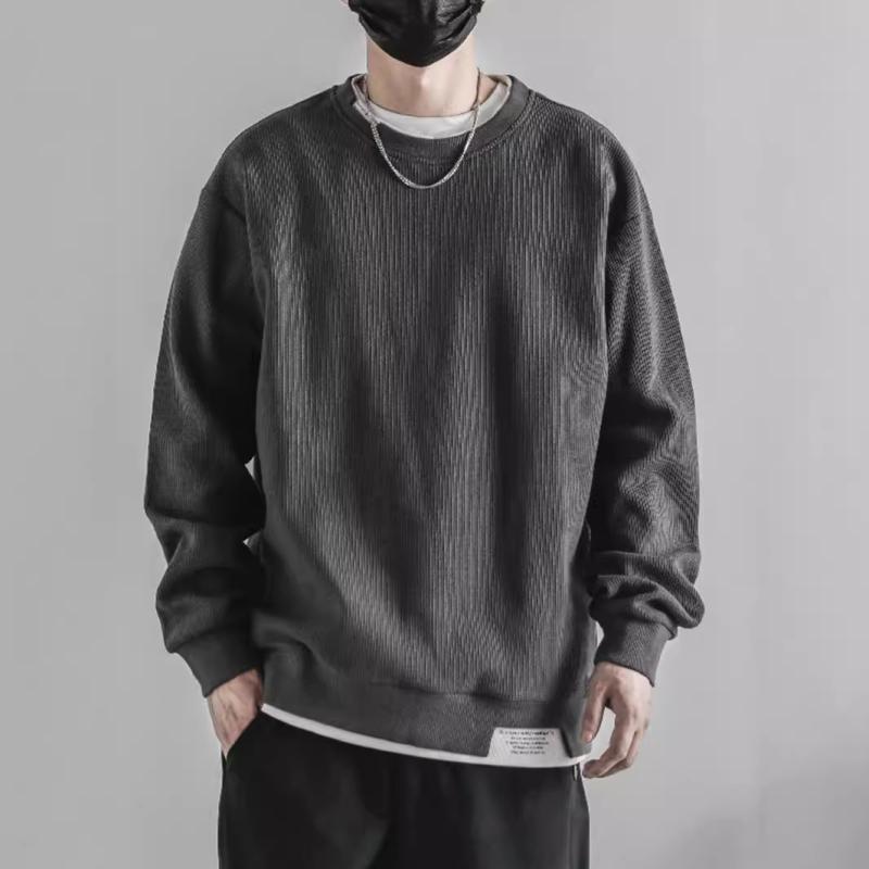 スウェット メンズ 男性用 裏起毛 ワッフル 厚手 レトロ風 ドロップショルダー プルオーバー トップス 秋冬 太リブ カジュアル ルーズフィット 白 黒 グレー