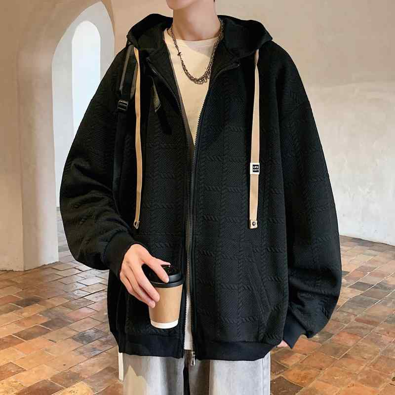 パーカー メンズ 春秋 格子柄 フード付き 長袖 トップス ティーン 学生 カジュアル 大きいサイズ ゆったり ?色 提花 アウター 黒 杏色 コーヒー色