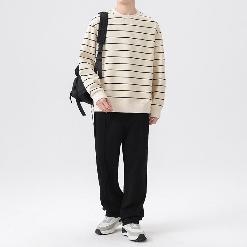 トレーナー メンズ 春秋 長袖 Tシャツ ストライプ柄 コットン 大きいサイズ ゆったり プルオーバー トップス カットソー カジュアル スポーティー 普段使い(x2)