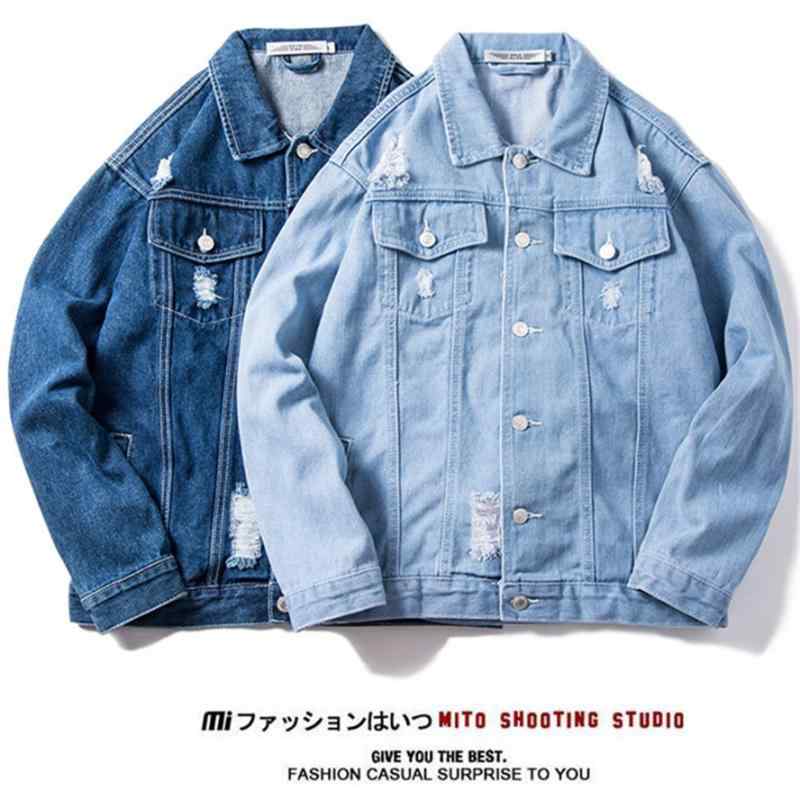 デニムジャケット メンズ ダメージ加工 Gジャン ゆったり 長袖 ブルゾン ライトアウター スプリングコート 春秋 薄手 コットン 襟付き 前開き トップス カジュアル ストリート アメカジ 古着風 韓国 浅青 紺色 黒 グレー ブルー