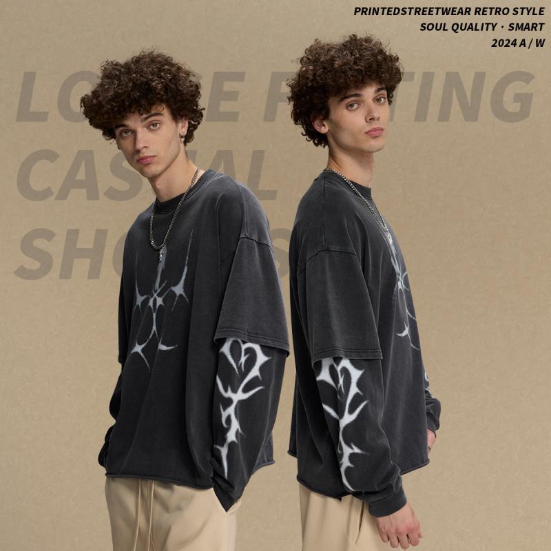 Tシャツ 男性用 春秋 ストリートスタイル レトロ ウォッシュ加工 プリント柄 長袖 トップス コットン ゆったり ブラック系(x2)