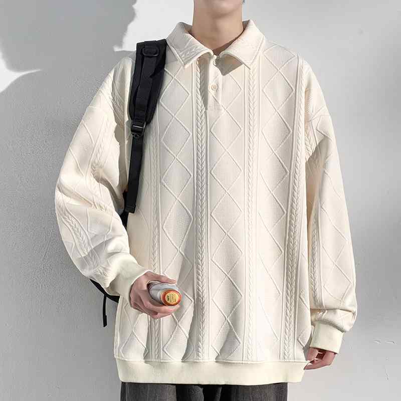 ポロシャツ メンズ cityboy風 スウェット 麻の葉柄 厚手 トップス 長袖 プルオーバー ゆったりシルエット 秋冬 普段使い 部屋着 ブラック ホワイト系