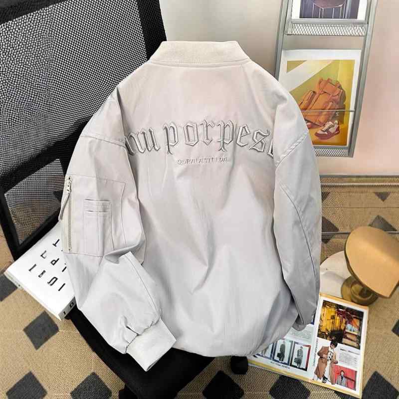 ジャケット 男性用 春物 ライトアウター 刺繍 野球服 スタジャン ブルゾン ストリート 接触冷感 伸縮性 ポリエステル グレー 黒 カーキ