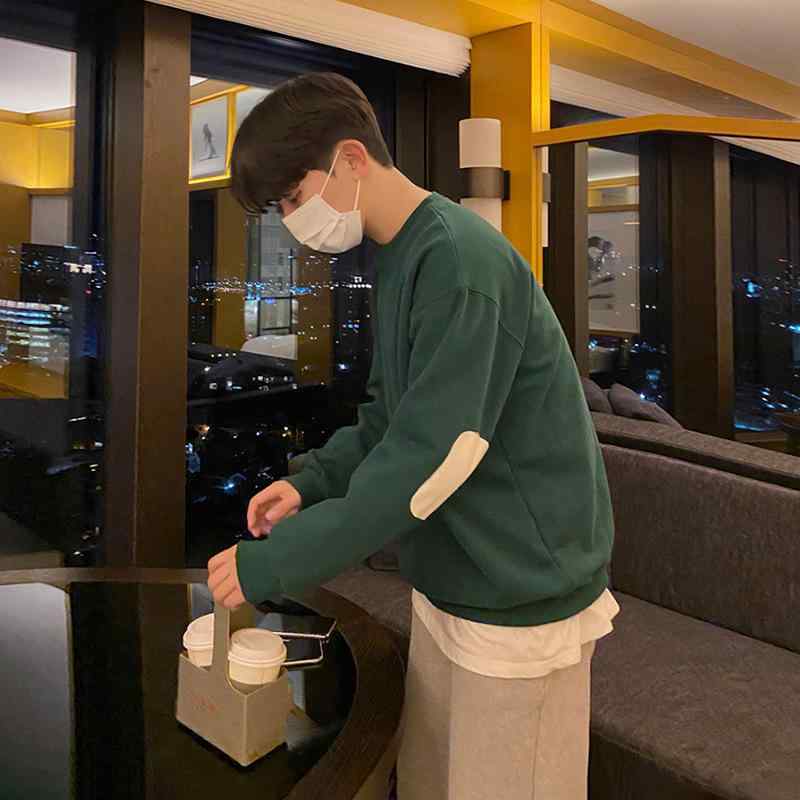 トレーナー メンズ 男性用 トップス スウェット プルオーバー クルーネック パッチワーク コットン 普段使い 部屋着 レッド 赤 グリーン 緑 秋