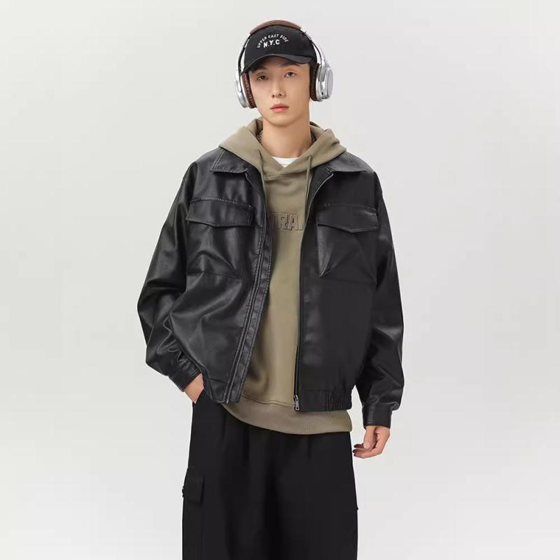 ジャケット メンズ PUレザー ブルゾン ウォッシュ加工 ワークウェア アウター ルーズ カジュアル スタイル 春秋 遠山グレー 亜光ブラック