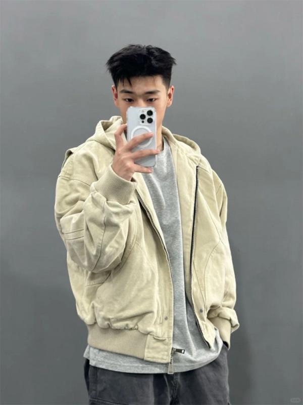 ジャケット メンズ カーキ ブルゾン ジャンパー フード付き 野球服 スタジャン アメリカン レトロ ワークウェア 長袖 耐摩耗 厚手 コットン 秋冬